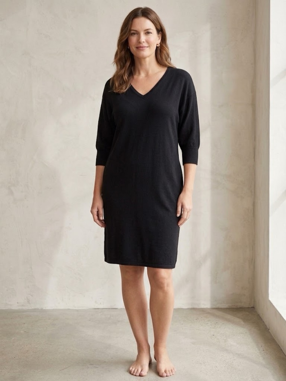 Talbots Black V-Neck Elbow-Sleeve Knit Sweater Dress 100% Merino Wool